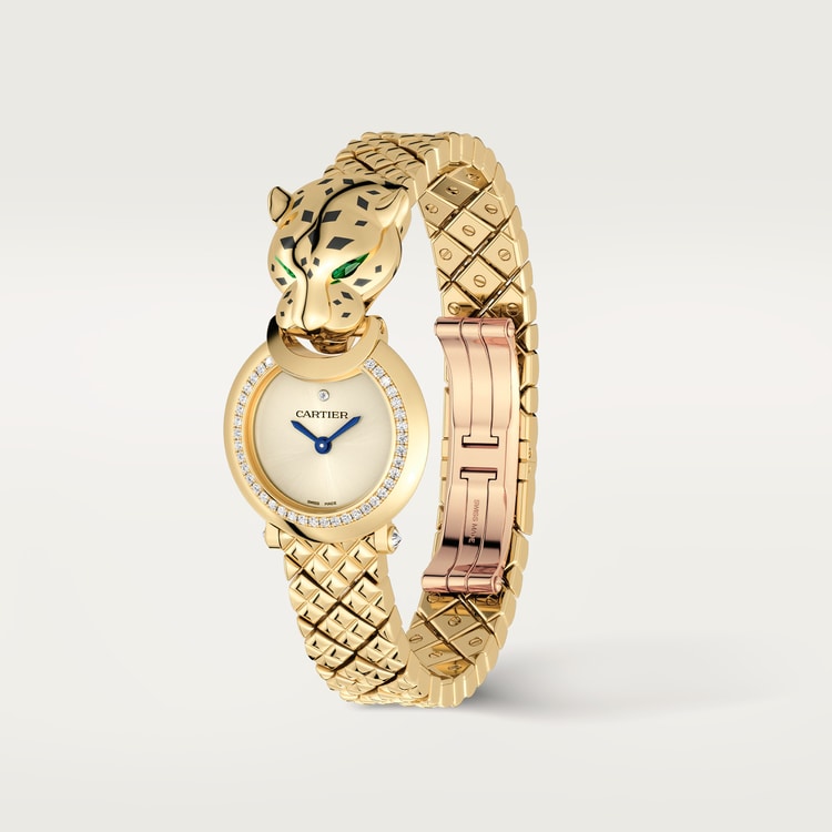 Panthère de Cartier Small 23.6mm Yellow Gold Diamond Bezel Tsavorite Eyes Golden Dial Yellow Gold Bracelet Quartz Watch
