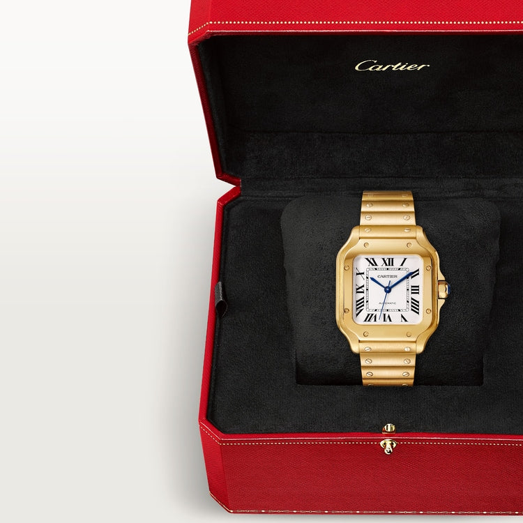 Santos de Cartier Medium 35.1mm Yellow Gold Blue Crown Silvered Opaline Dial Alligator Leather Strap Automatic Watch