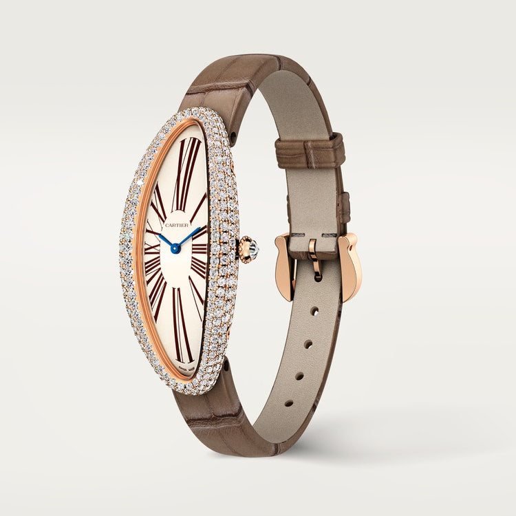 Baignoire Allongée Medium 47mm x 21mm Rose Gold Diamond Case Diamond Crown Silvered Dial Taupe Alligator Strap Manual Wind Watch