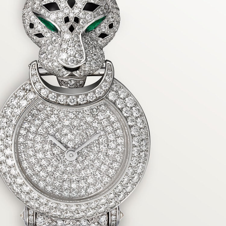 Panthère Mini 23.6mm White Gold Diamond Bezel Emerald Eyes Diamond Dial White Gold Bracelet Quartz Watch