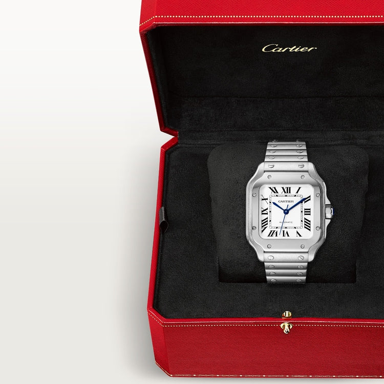 Santos de Cartier Medium 35.1mm Steel Blue Crown Silvered Opaline Dial Steel Bracelet Automatic Watch