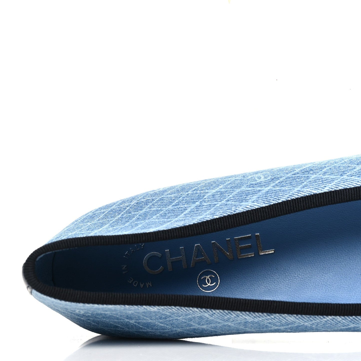 Denim Printed Quilt CC Cap Toe Ballerina Flats Light Blue Dark Grey