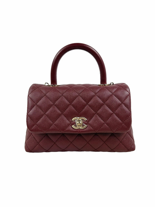 Chanel Coco Burgundy Quilted Caviar Leather Top Handle Bag Small size 01
