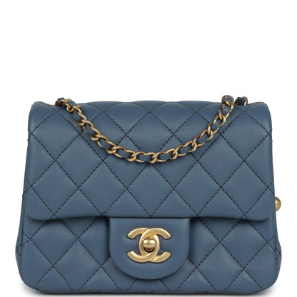 Pearl Crush Mini Square Flap Bag Blue Lambskin Antique Gold Hardware