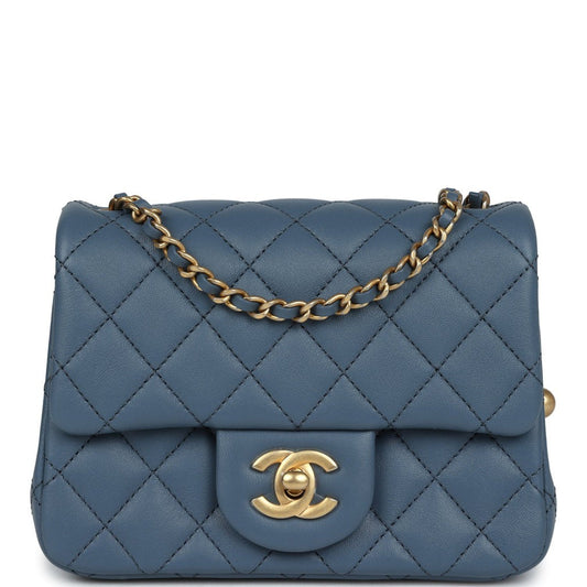 Pearl Crush Mini Square Flap Bag Blue Lambskin Antique Gold Hardware