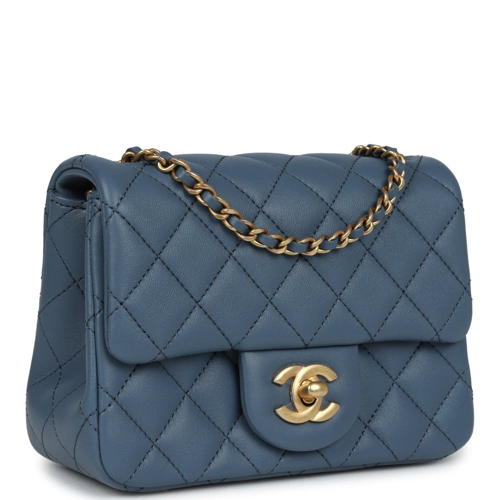 Pearl Crush Mini Square Flap Bag Blue Lambskin Antique Gold Hardware
