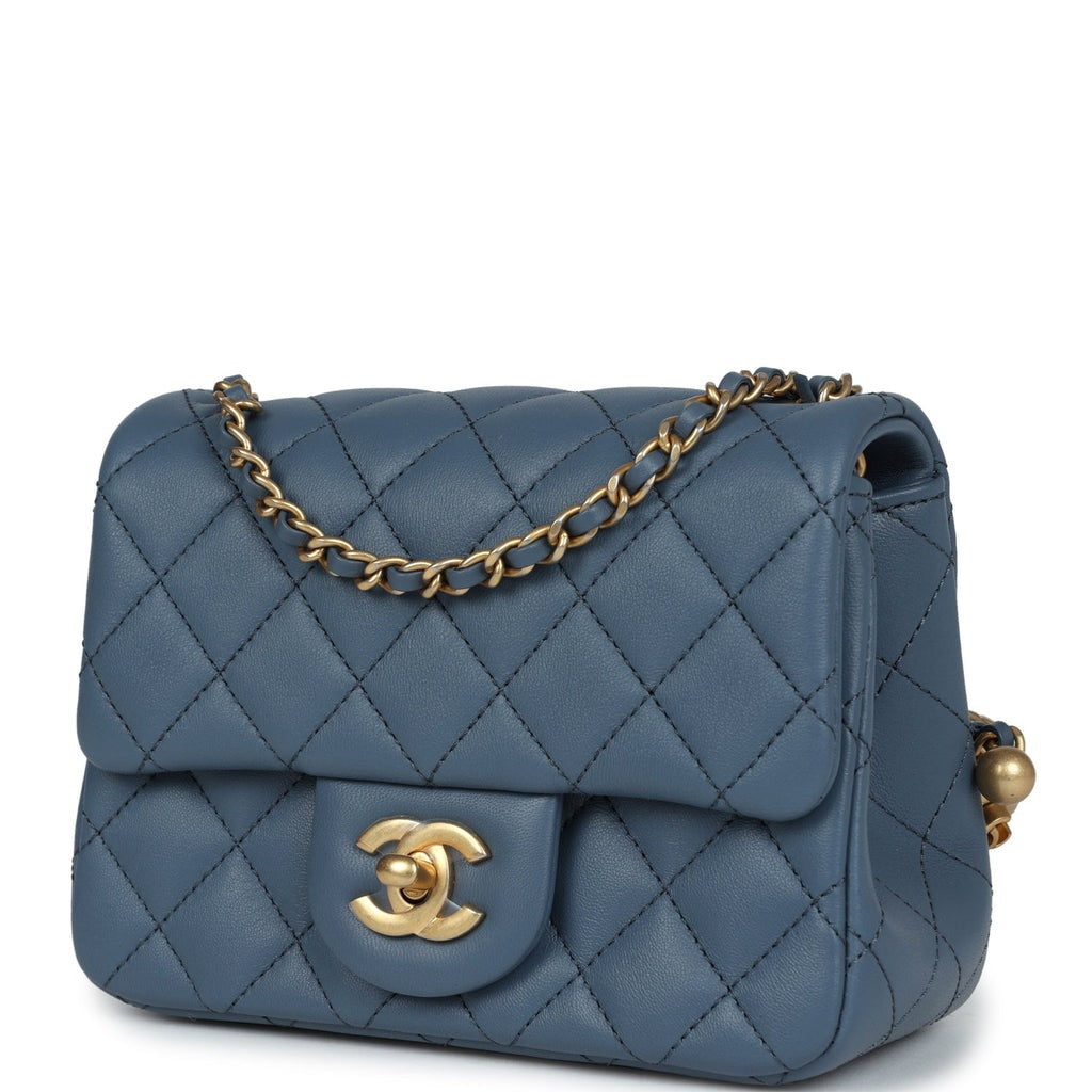 Pearl Crush Mini Square Flap Bag Blue Lambskin Antique Gold Hardware