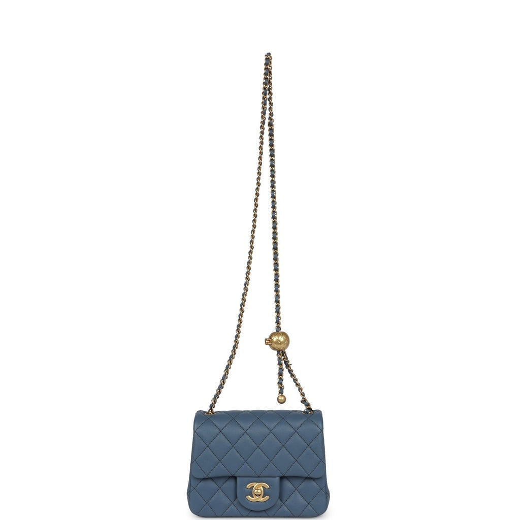 Pearl Crush Mini Square Flap Bag Blue Lambskin Antique Gold Hardware