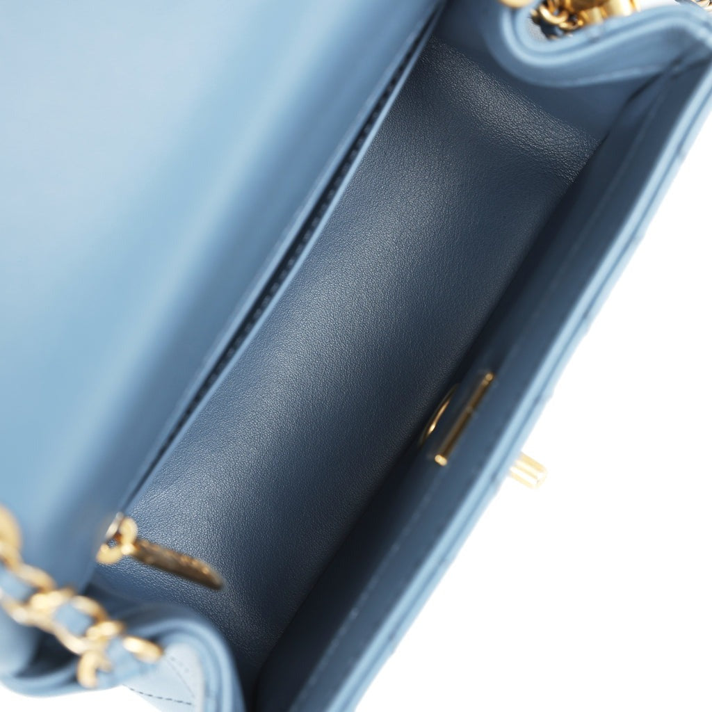 Pearl Crush Mini Square Flap Bag Blue Lambskin Antique Gold Hardware