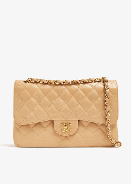Caviar Quilted Medium Double Flap Beige