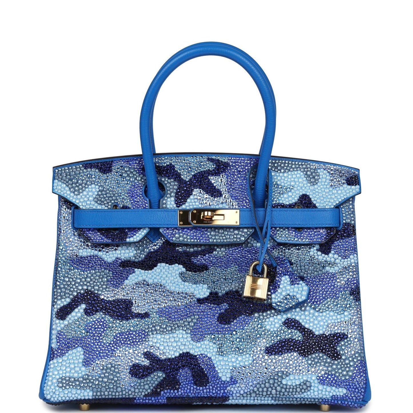 Custom Camouflage Swarovski Crystal Hermès Birkin 30 Bleu Hydra Chevre Gold Hardware