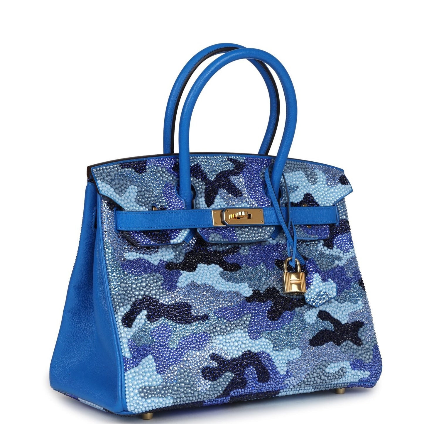 Custom Camouflage Swarovski Crystal Hermès Birkin 30 Bleu Hydra Chevre Gold Hardware