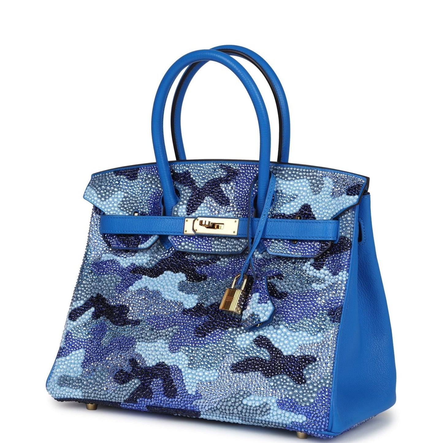 Custom Camouflage Swarovski Crystal Hermès Birkin 30 Bleu Hydra Chevre Gold Hardware