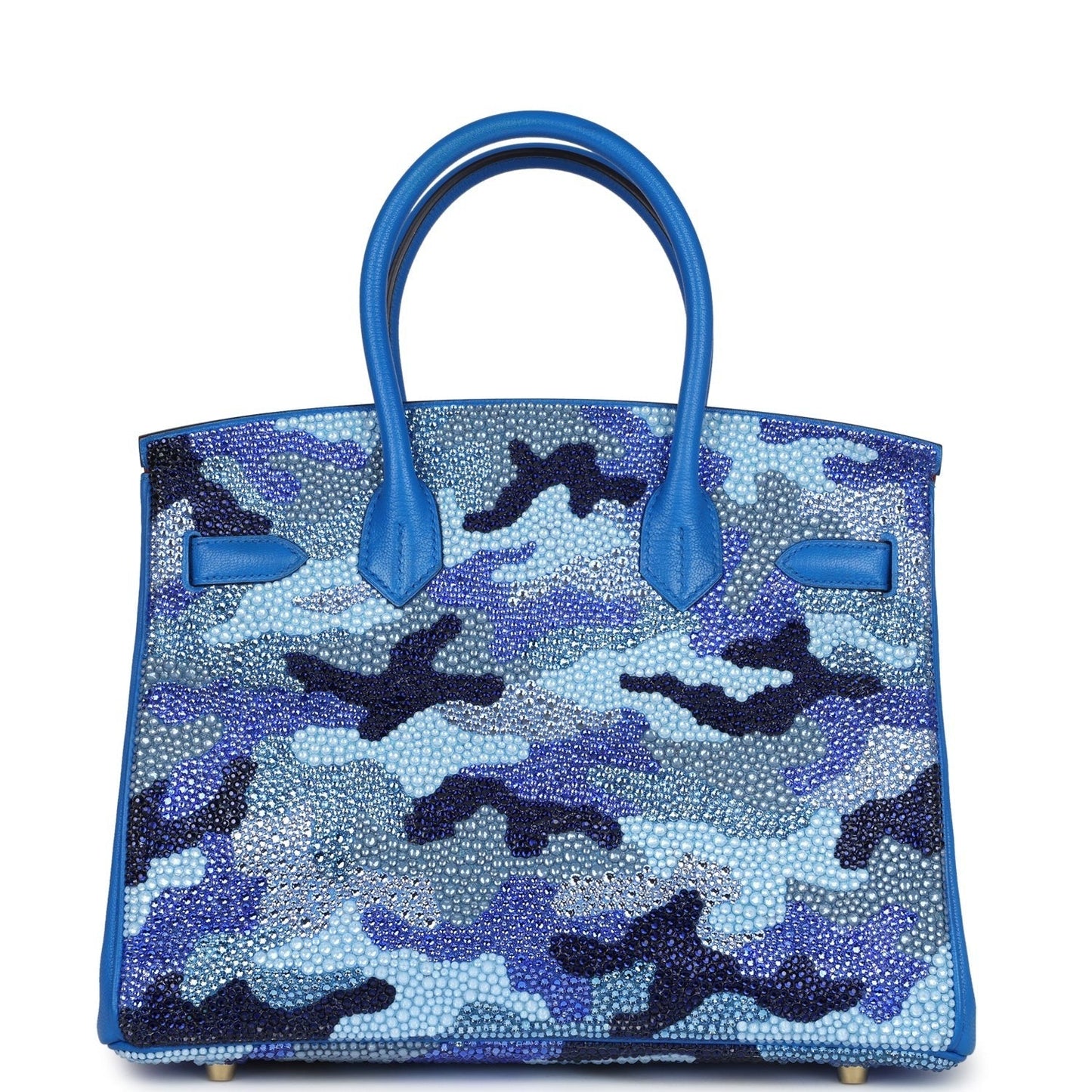 Custom Camouflage Swarovski Crystal Hermès Birkin 30 Bleu Hydra Chevre Gold Hardware