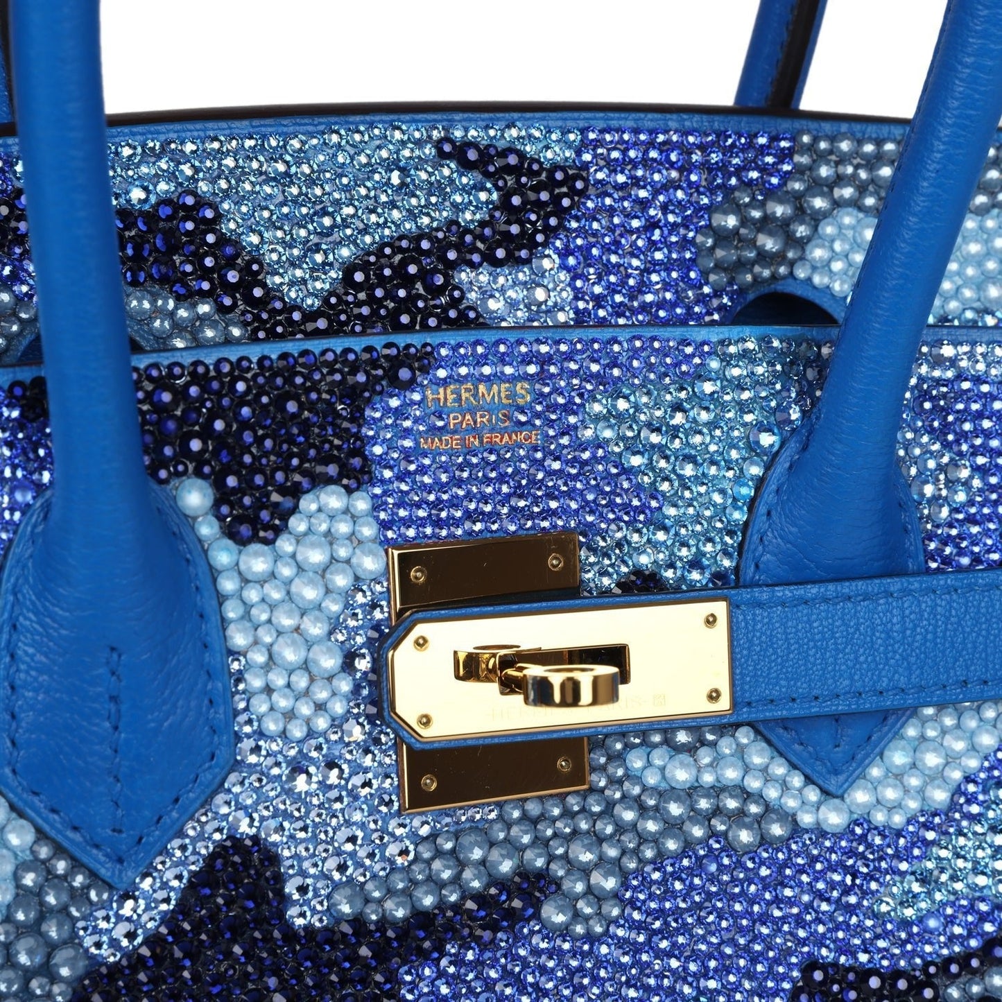 Custom Camouflage Swarovski Crystal Hermès Birkin 30 Bleu Hydra Chevre Gold Hardware