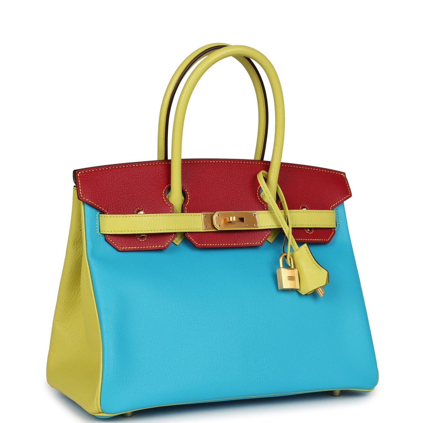 Hermès Special Order (HSS) Tri-color Birkin Bleu Aztec, Soufre and Rouge Vif Chevre Brushed Gold Hardware