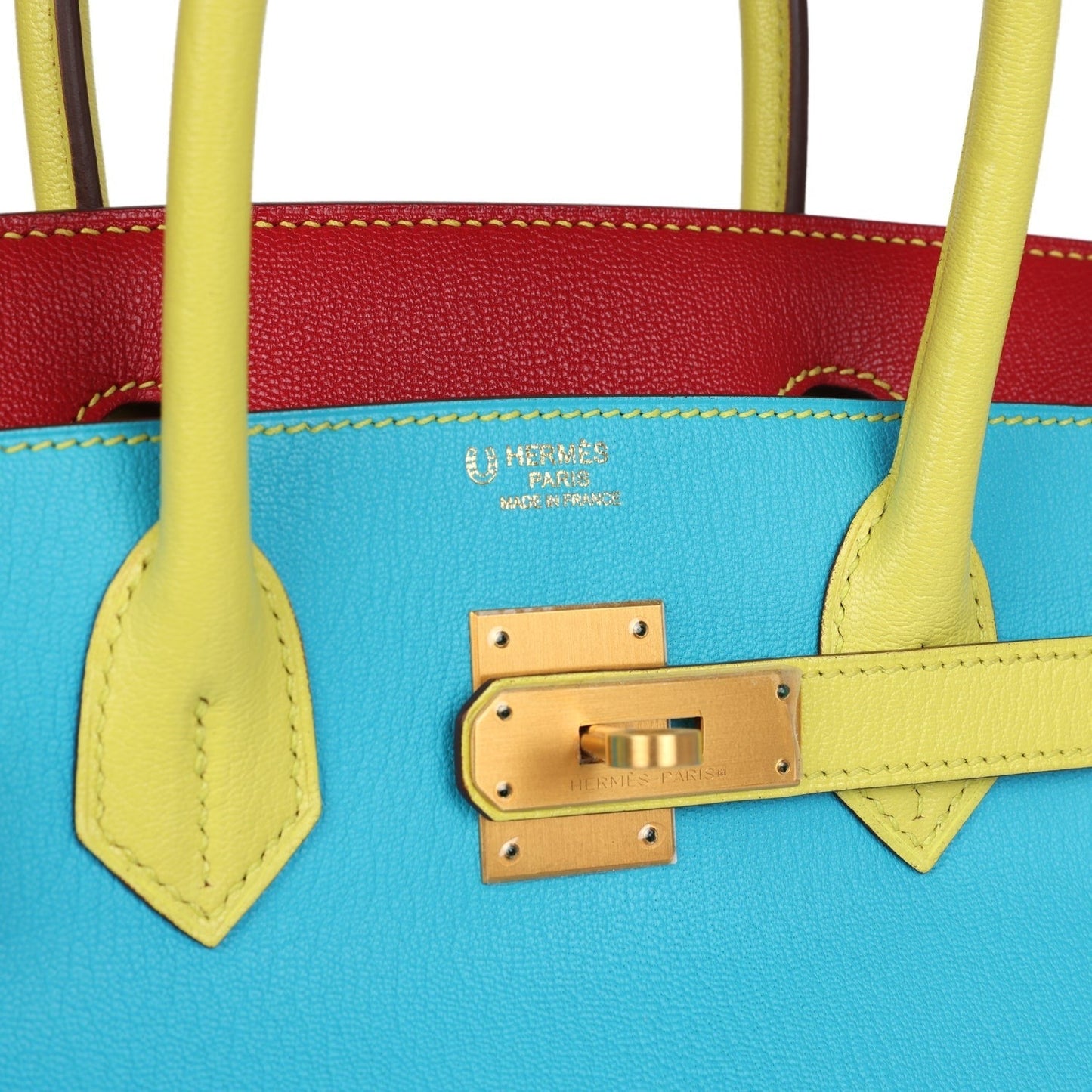 Hermès Special Order (HSS) Tri-color Birkin Bleu Aztec, Soufre and Rouge Vif Chevre Brushed Gold Hardware