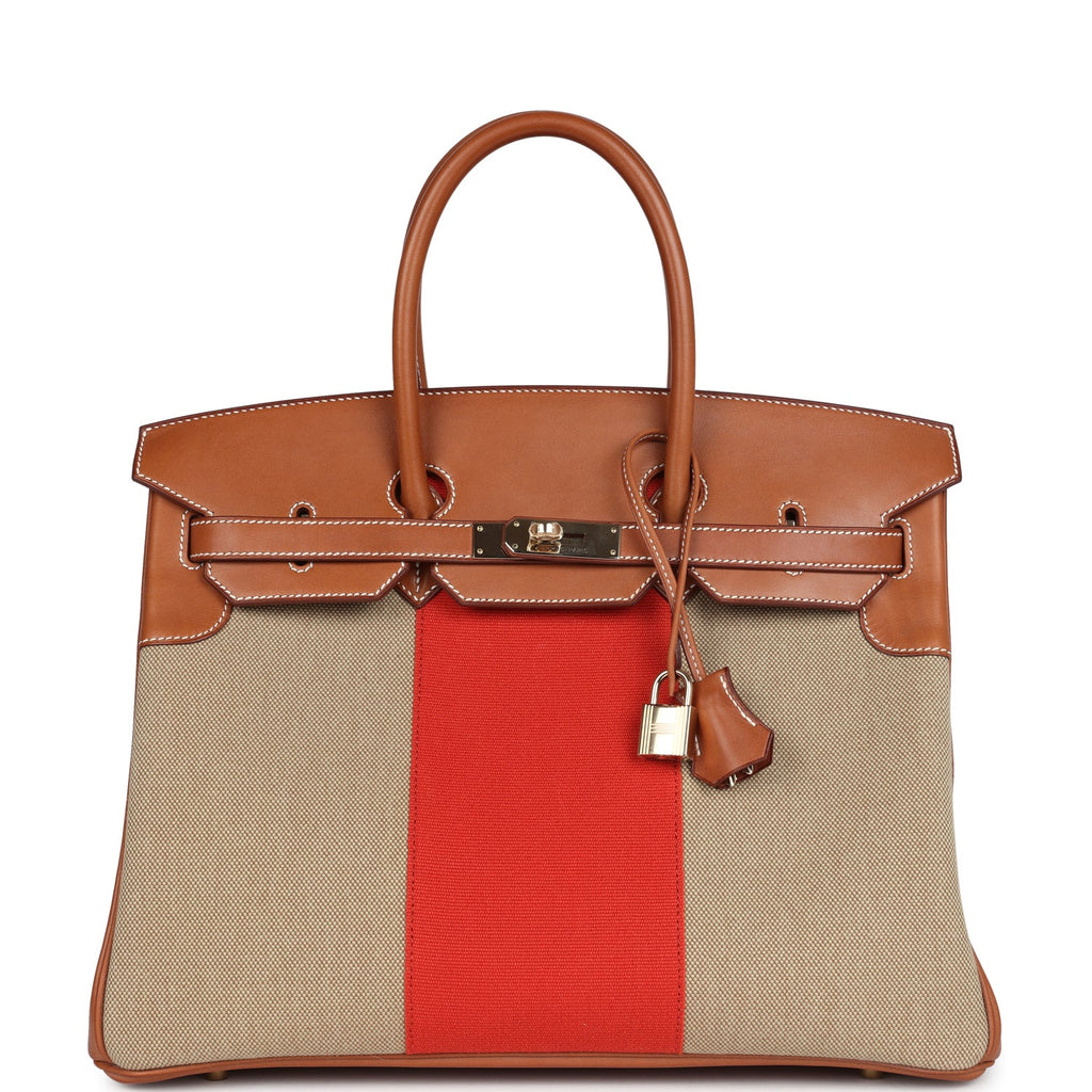 Birkin 35 Flag Ficelle and Paprika Toile H and Fauve Barenia Permabrass Hardware