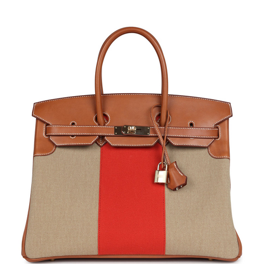 Birkin 35 Flag Ficelle and Paprika Toile H and Fauve Barenia Permabrass Hardware