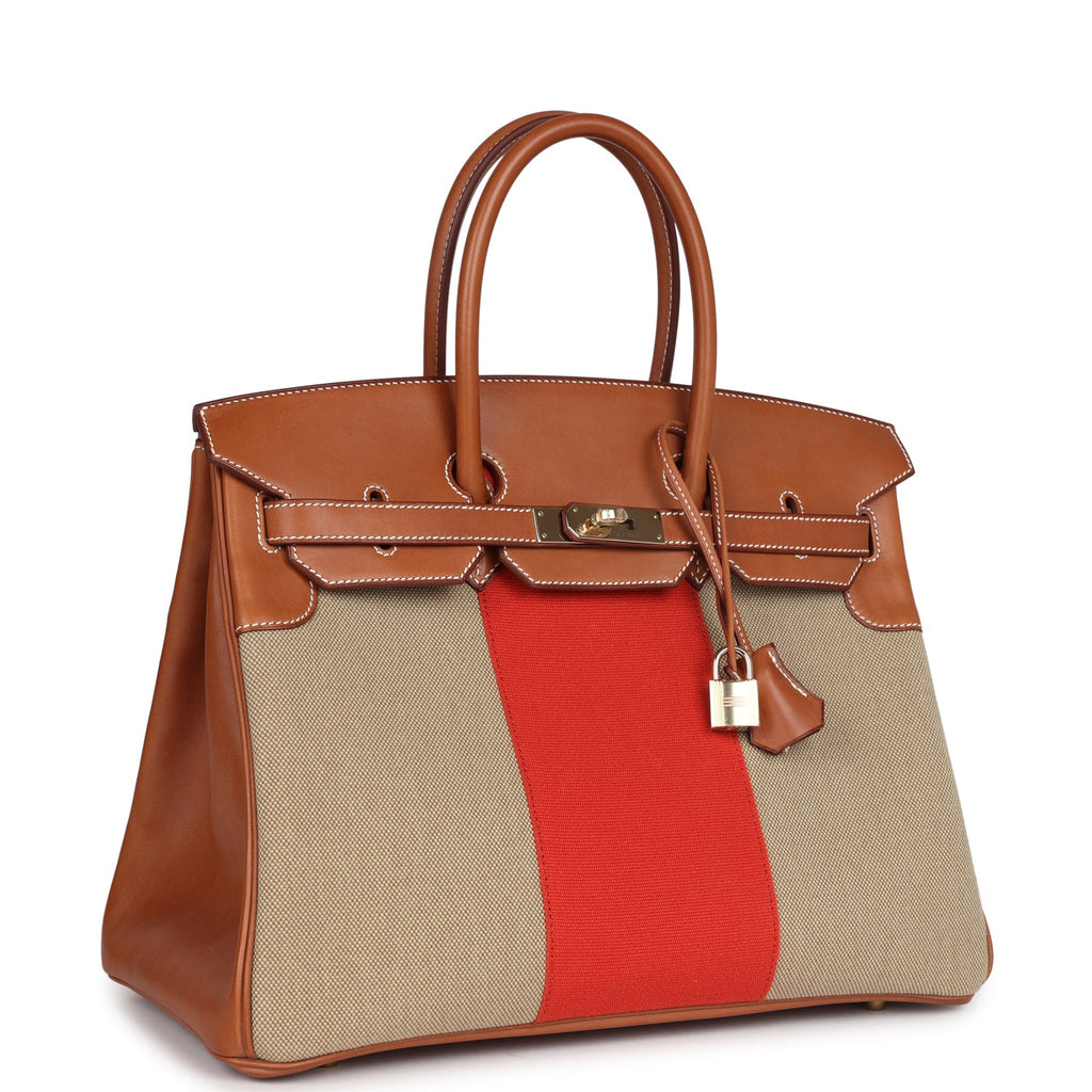 Birkin 35 Flag Ficelle and Paprika Toile H and Fauve Barenia Permabrass Hardware