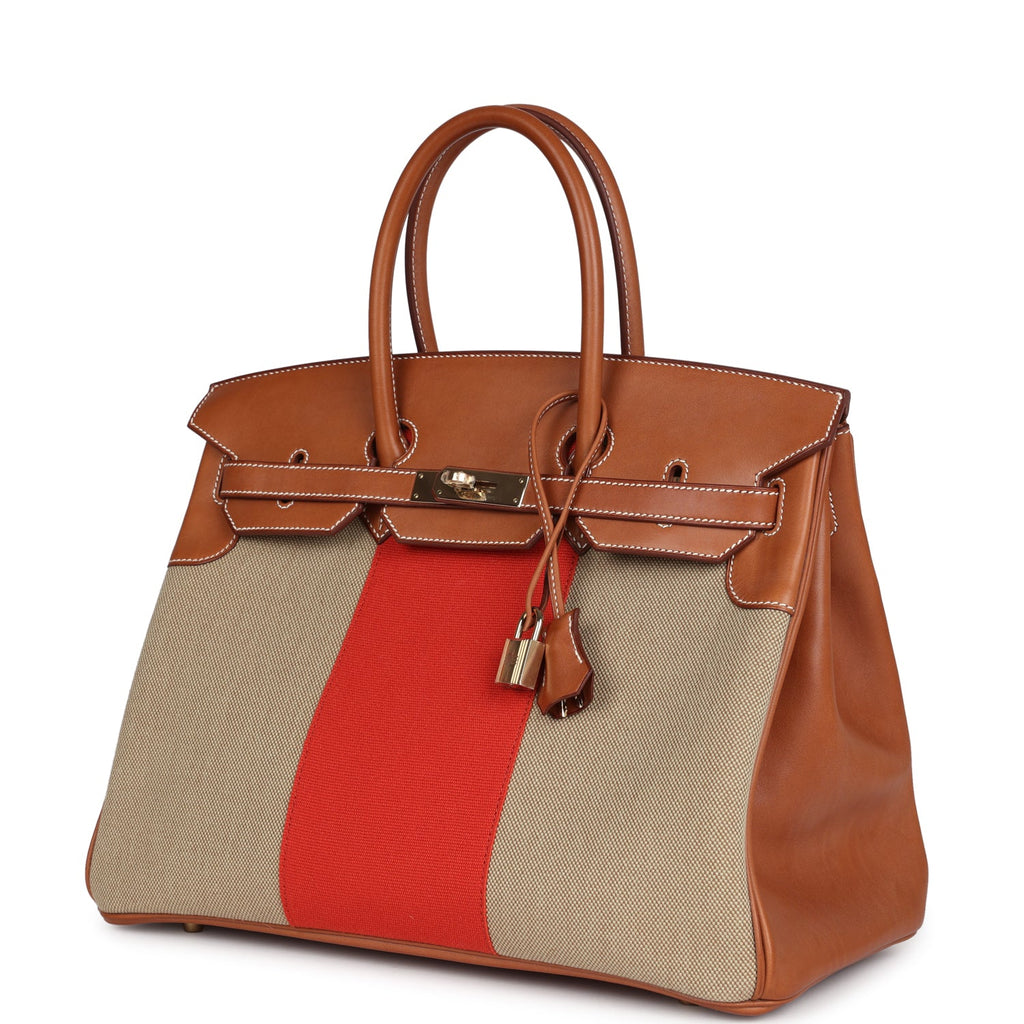 Birkin 35 Flag Ficelle and Paprika Toile H and Fauve Barenia Permabrass Hardware