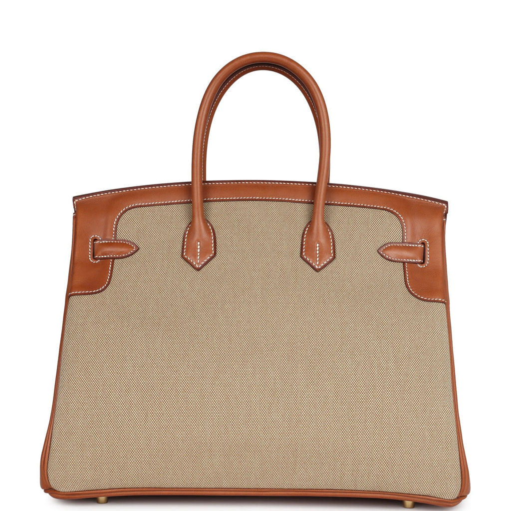 Birkin 35 Flag Ficelle and Paprika Toile H and Fauve Barenia Permabrass Hardware
