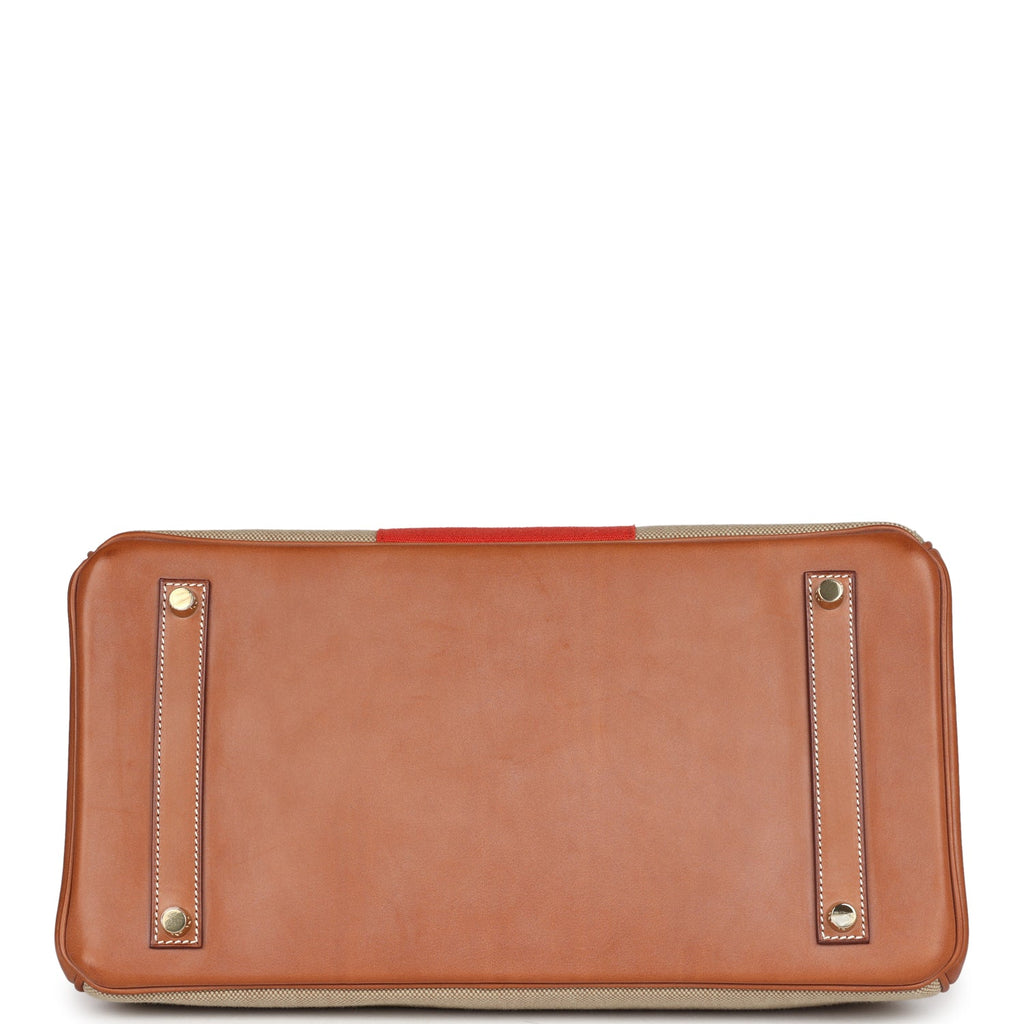 Birkin 35 Flag Ficelle and Paprika Toile H and Fauve Barenia Permabrass Hardware