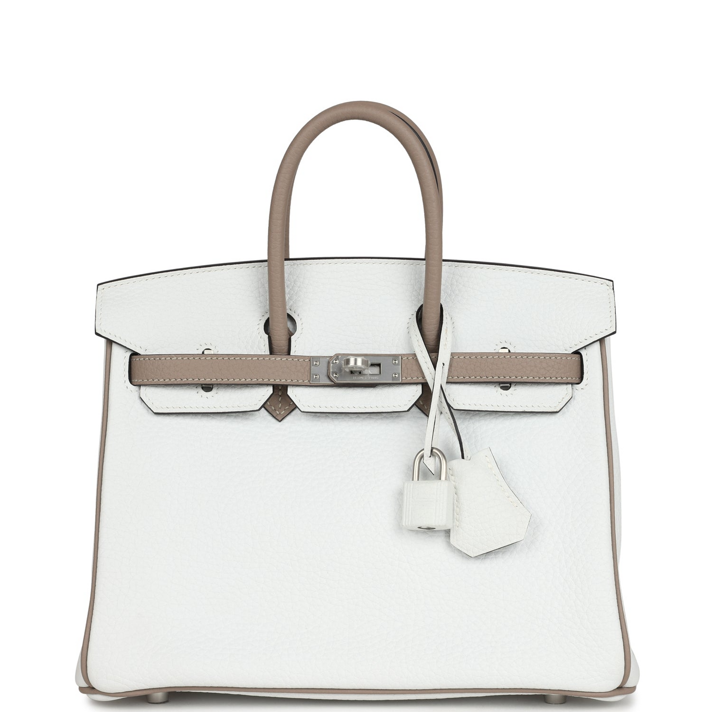 Hermès Special Order (HSS) Birkin 25 White and Etoupe Clemence Brushed Palladium Hardware