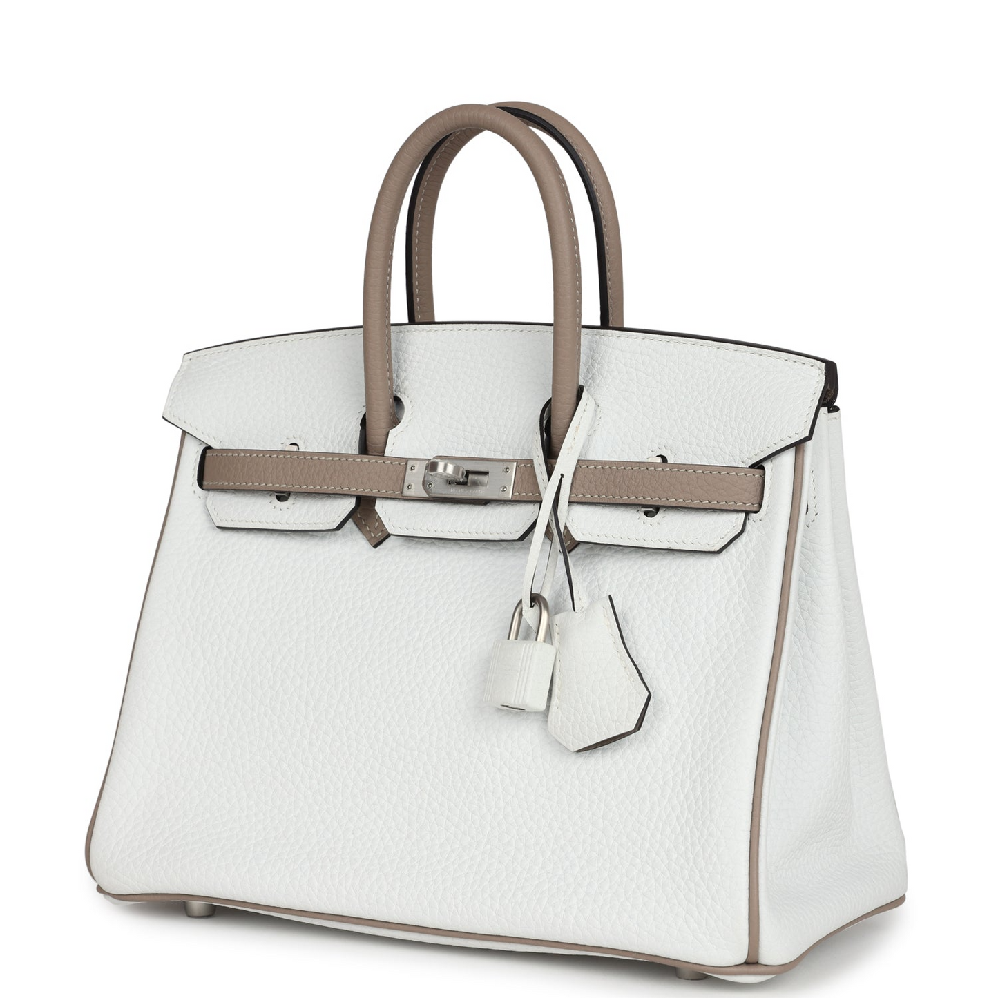 Hermès Special Order (HSS) Birkin 25 White and Etoupe Clemence Brushed Palladium Hardware