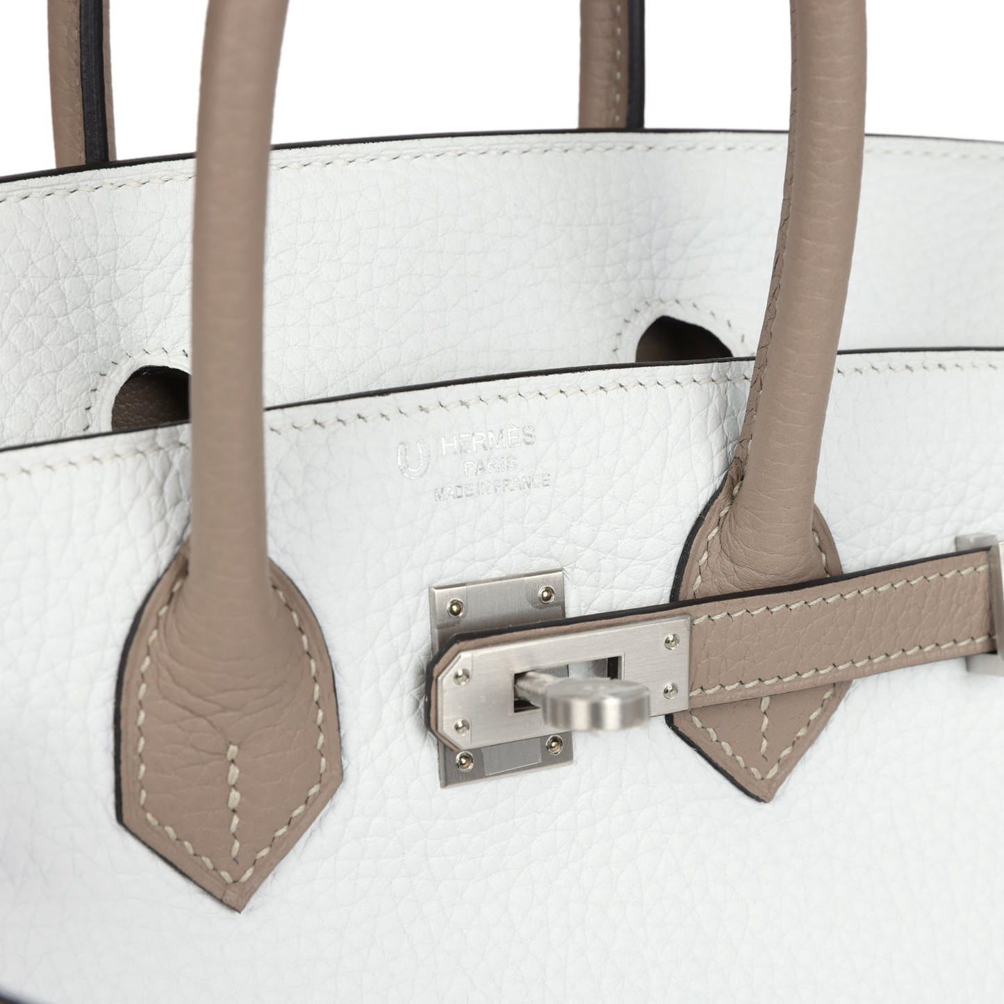 Hermès Special Order (HSS) Birkin 25 White and Etoupe Clemence Brushed Palladium Hardware