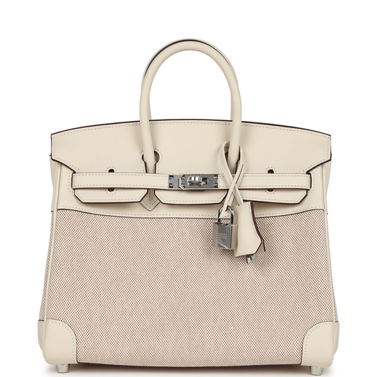 Birkin 25 Nata Swift and Ecru-Beige Toile H Canvas Palladium Hardware