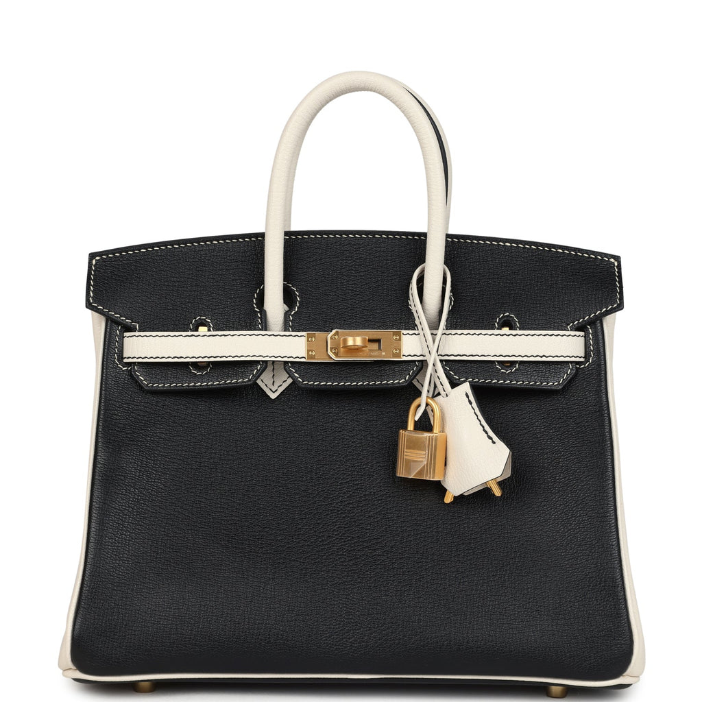 Hermès Special Order (HSS) Birkin 25 Bi-Color Black and Nata Chevre Mysore Brushed Gold Hardware