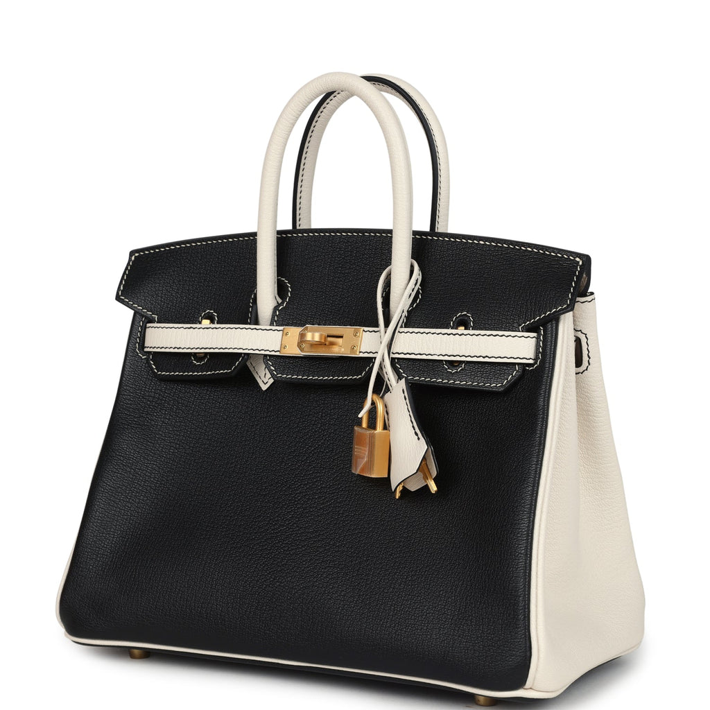 Hermès Special Order (HSS) Birkin 25 Bi-Color Black and Nata Chevre Mysore Brushed Gold Hardware