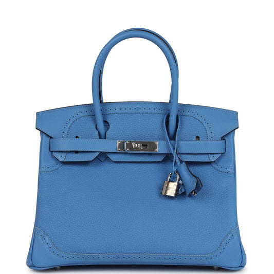 Birkin 30 Ghillies Bleu Paradise Clemence and Evercolor Palladium Hardware