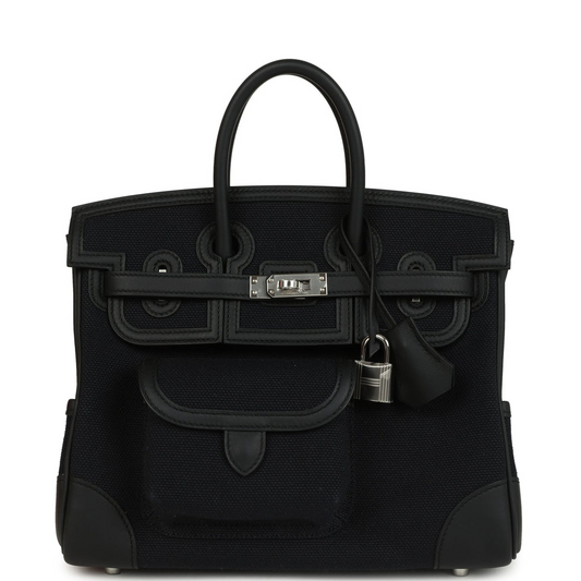 Birkins 25 Cargo Black Toile Goeland and Black Swift Palladium Hardware