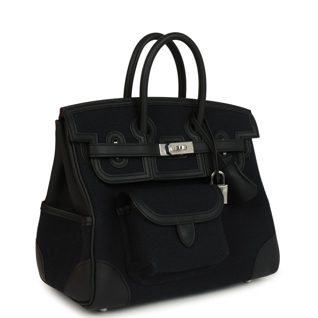 Birkins 25 Cargo Black Toile Goeland and Black Swift Palladium Hardware