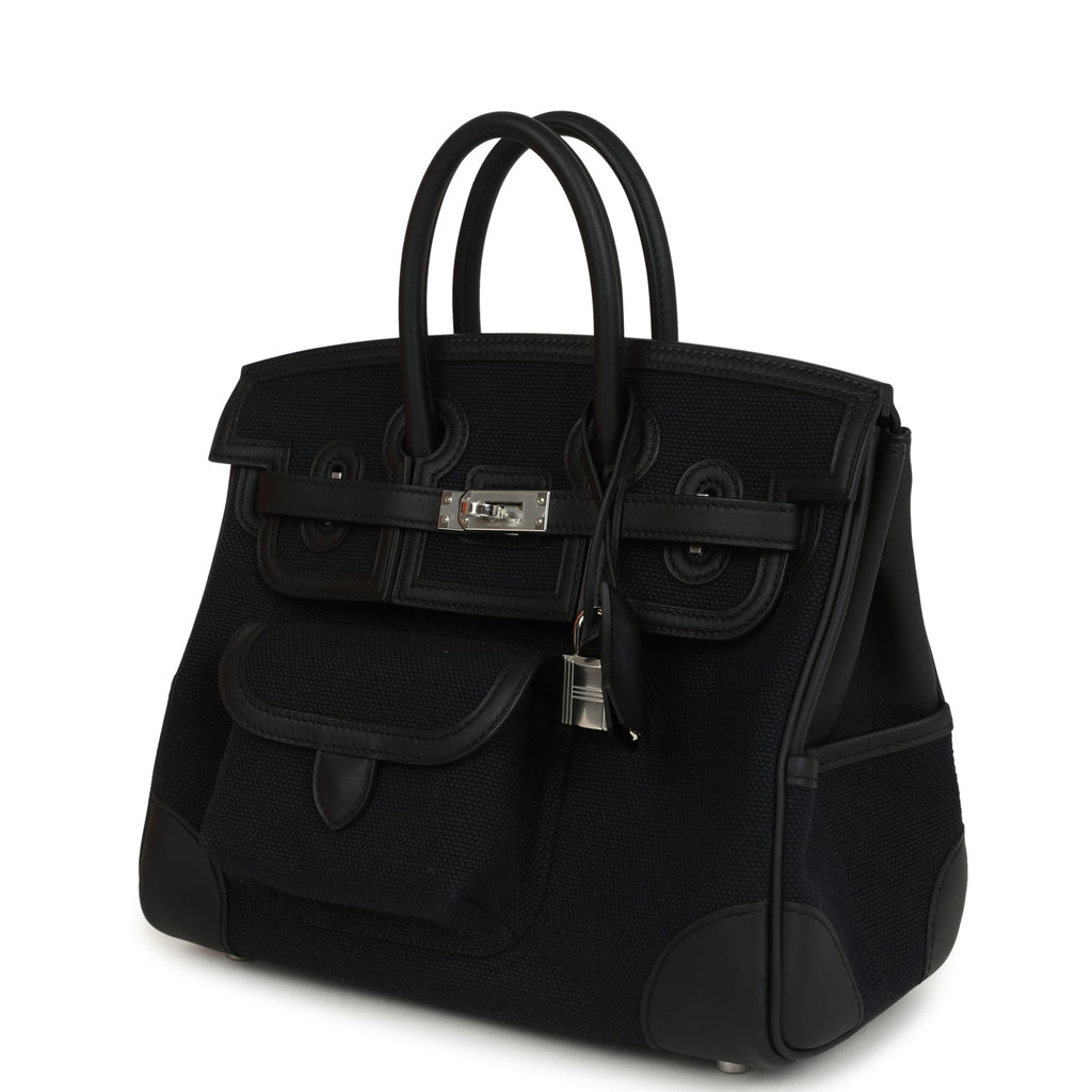 Birkins 25 Cargo Black Toile Goeland and Black Swift Palladium Hardware