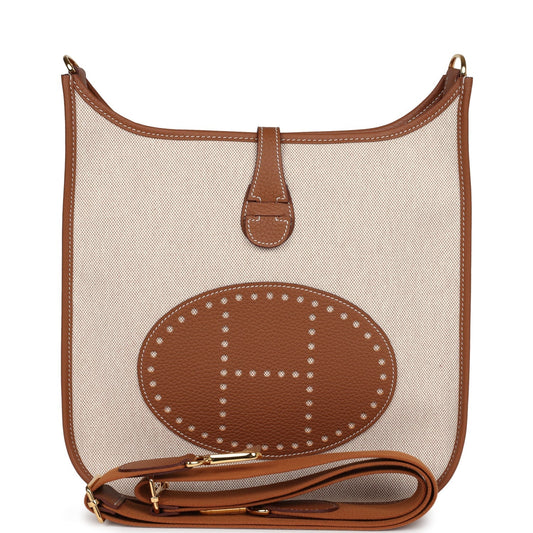 Evelyne III PM Gold Clemence and Ecru Toile H Canvas Gold Hardware