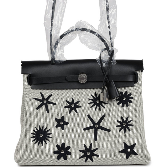 Herbag Zip 31 PM Hobnailed Black and Ecru Printed H Plume Canvas and Vache Hunter Palladium Hardware