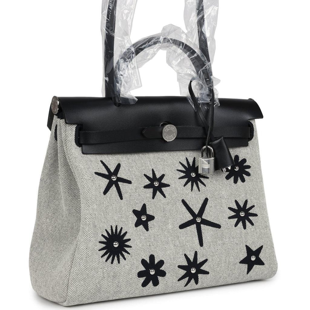 Herbag Zip 31 PM Hobnailed Black and Ecru Printed H Plume Canvas and Vache Hunter Palladium Hardware