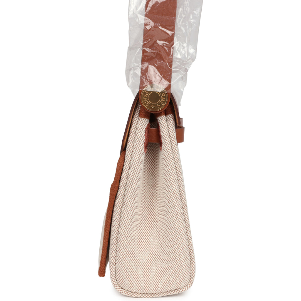 Herbag Zip 20 Mini Ecru and Beige Toile H Canvas and Fauve Vache Hunter Gold Hardware