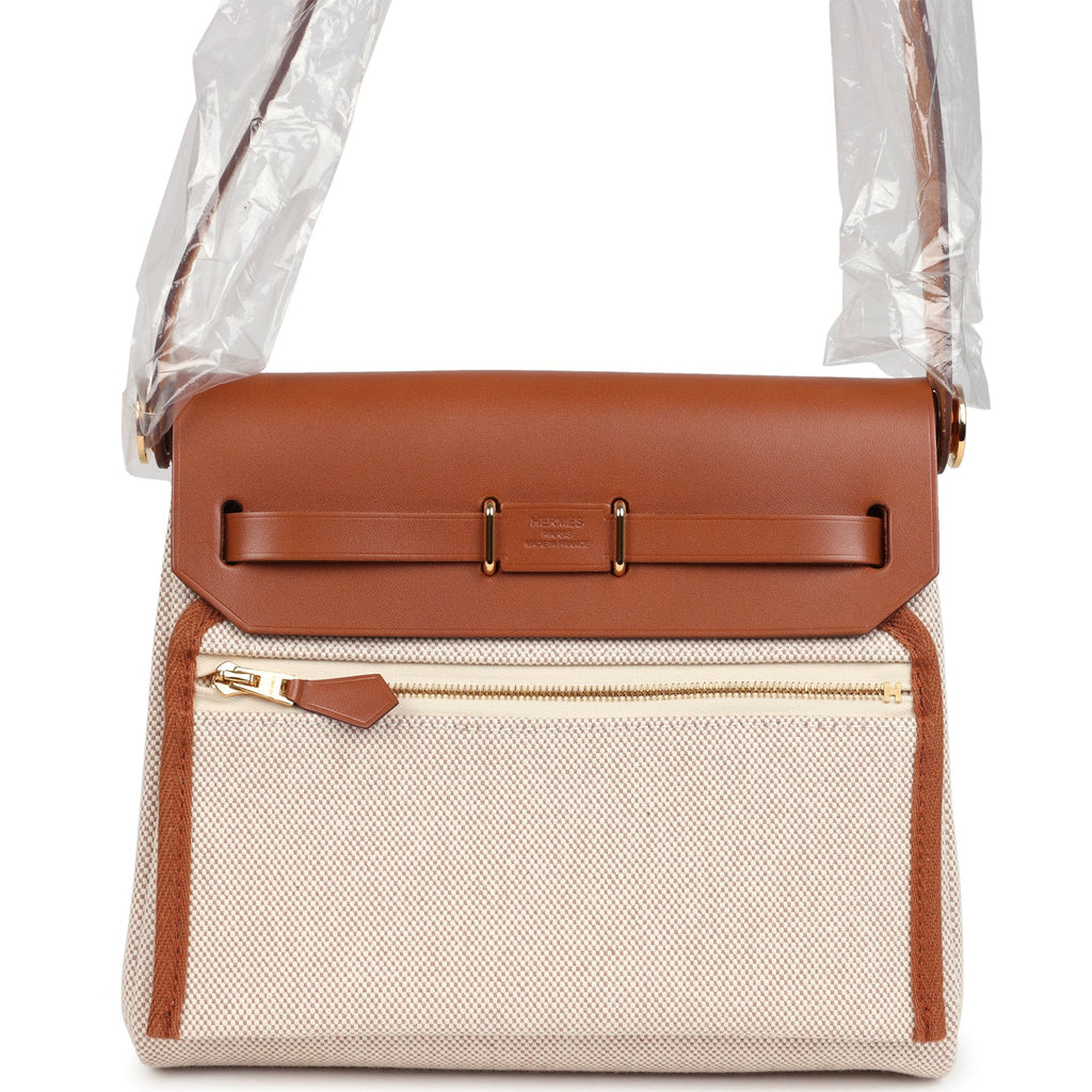 Herbag Zip 20 Mini Ecru and Beige Toile H Canvas and Fauve Vache Hunter Gold Hardware