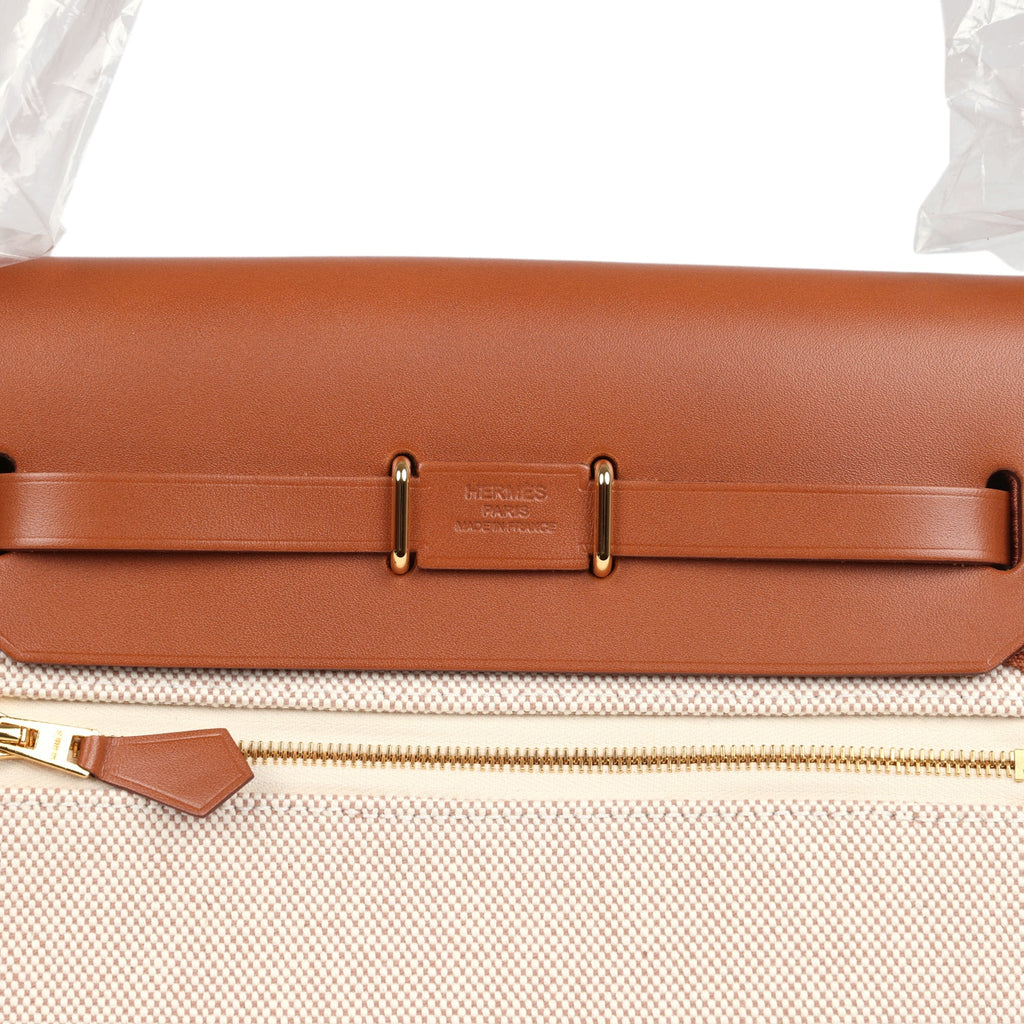Herbag Zip 20 Mini Ecru and Beige Toile H Canvas and Fauve Vache Hunter Gold Hardware