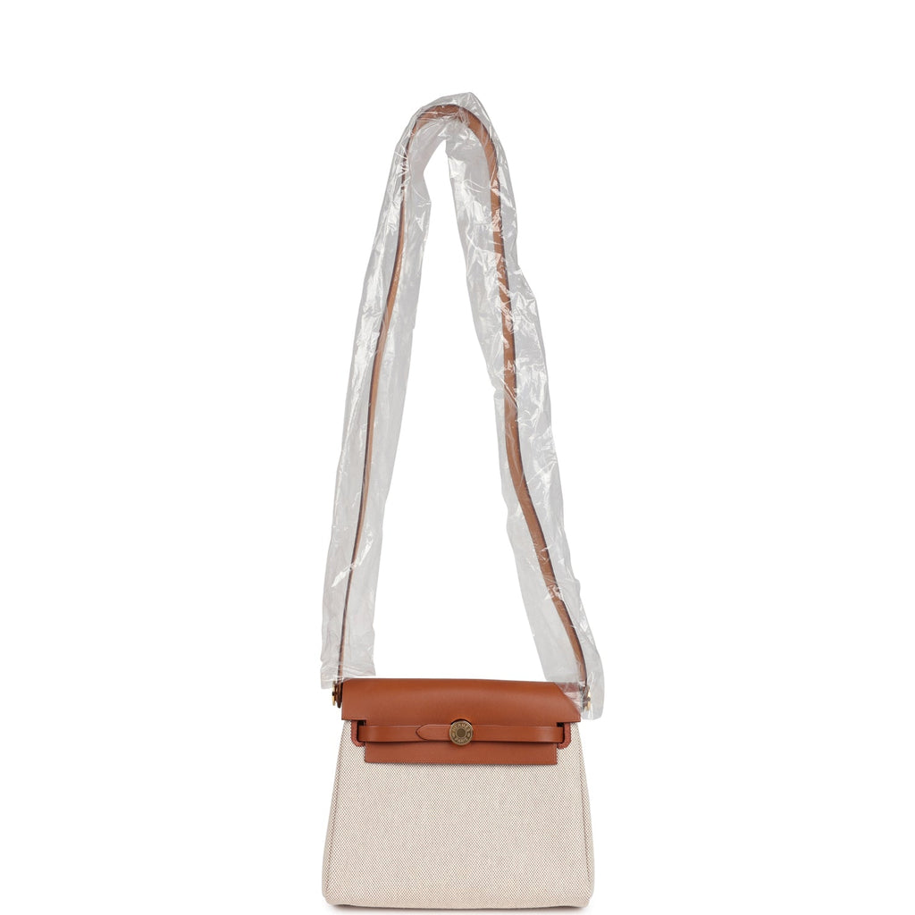 Herbag Zip 20 Mini Ecru and Beige Toile H Canvas and Fauve Vache Hunter Gold Hardware