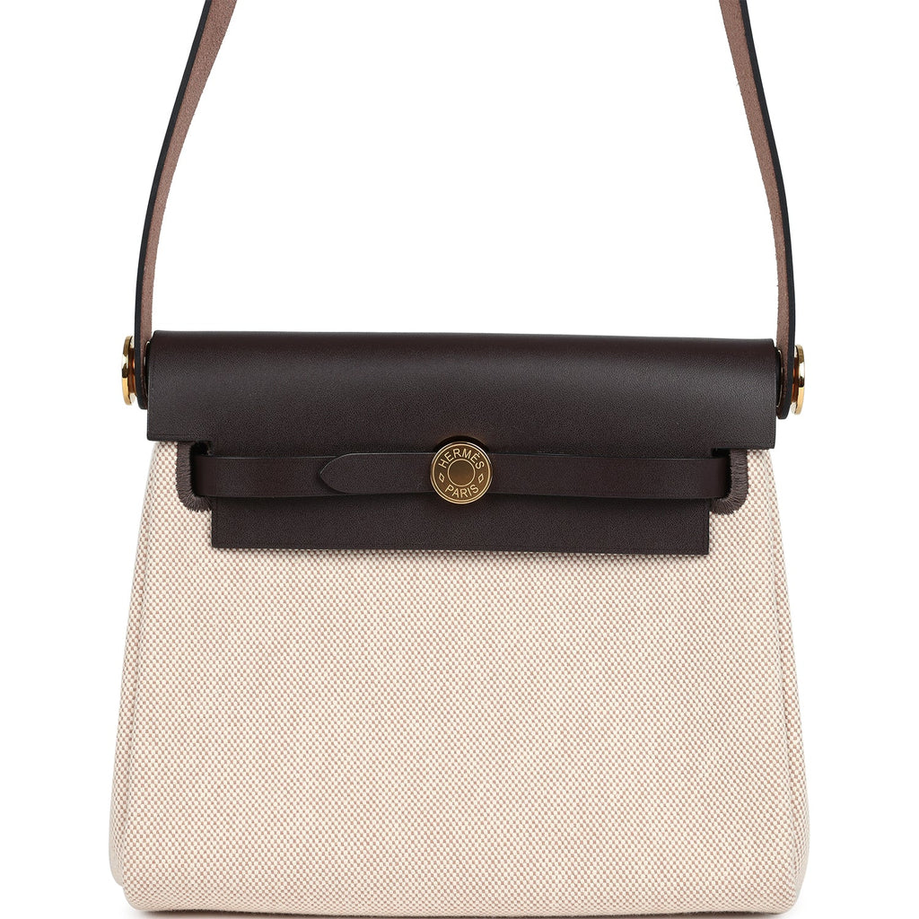 Herbag Zip 20 Mini Ecru and Beige Toile H Canvas and Ebene Vache Hunter Gold Hardware