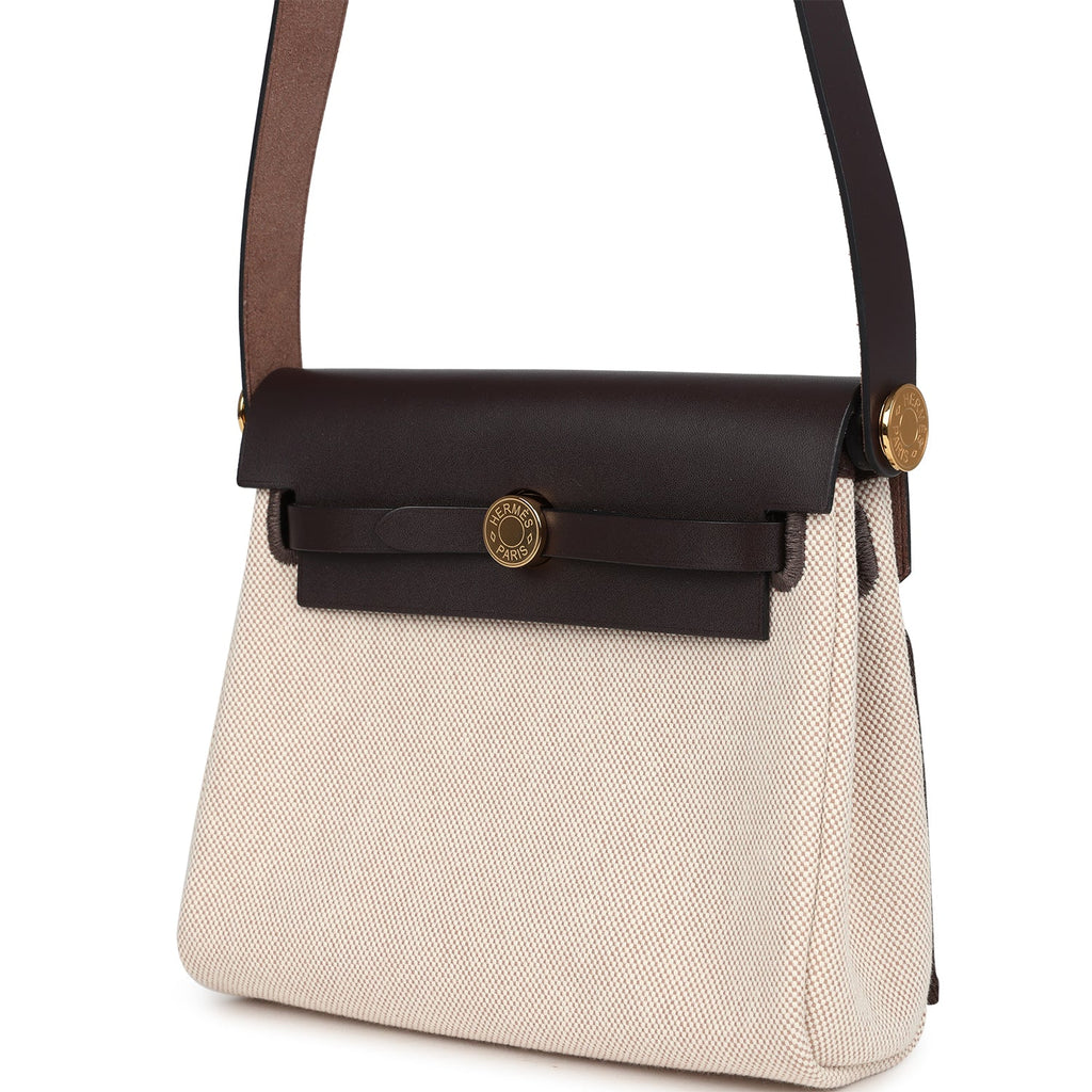 Herbag Zip 20 Mini Ecru and Beige Toile H Canvas and Ebene Vache Hunter Gold Hardware