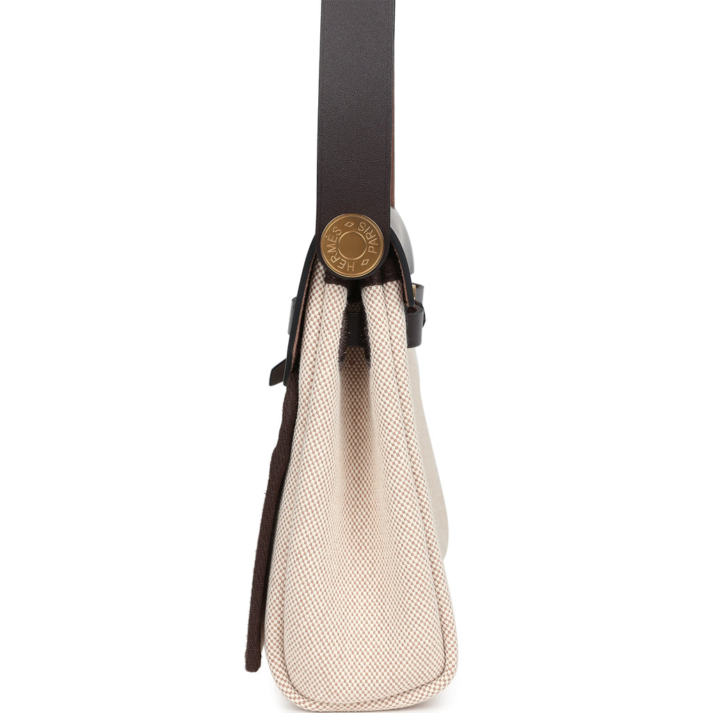 Herbag Zip 20 Mini Ecru and Beige Toile H Canvas and Ebene Vache Hunter Gold Hardware
