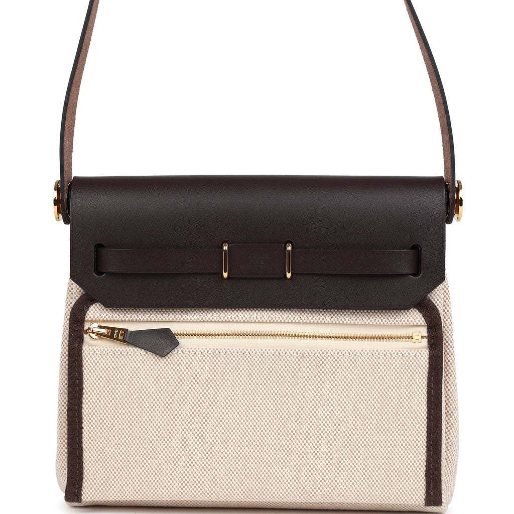 Herbag Zip 20 Mini Ecru and Beige Toile H Canvas and Ebene Vache Hunter Gold Hardware