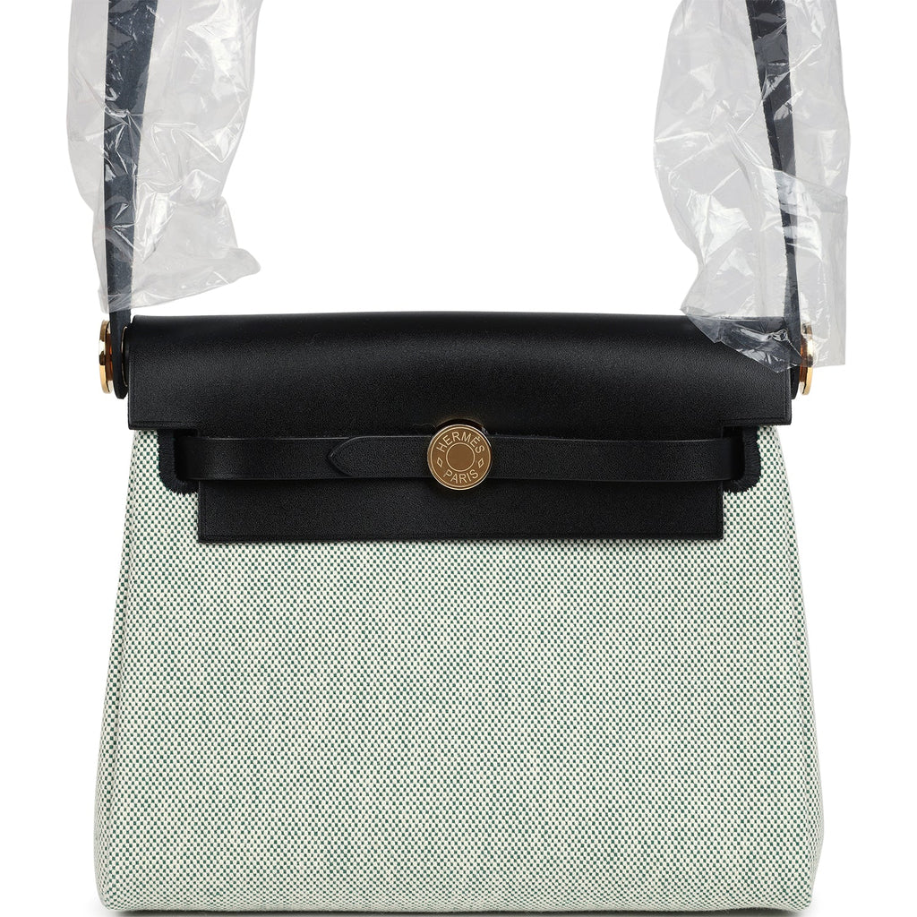 Herbag Zip 20 Mini Ecru and Vert Moyen Toile H Canvas and Black Vache Hunter Gold Hardware