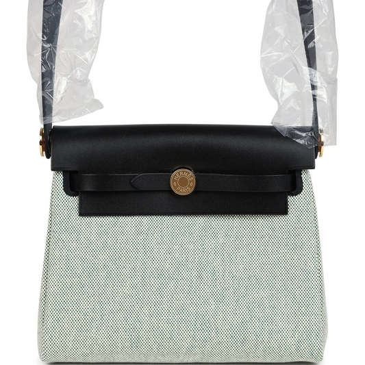 Herbag Zip 20 Mini Ecru and Vert Moyen Toile H Canvas and Black Vache Hunter Gold Hardware